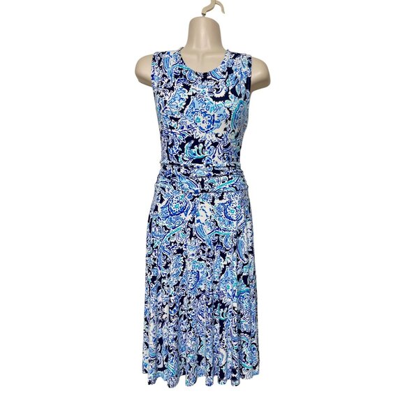 Cynthia Rowley Stretchy Fabric Sleeveless Blue & White Abstract Print Midi Dress - Picture 1 of 8